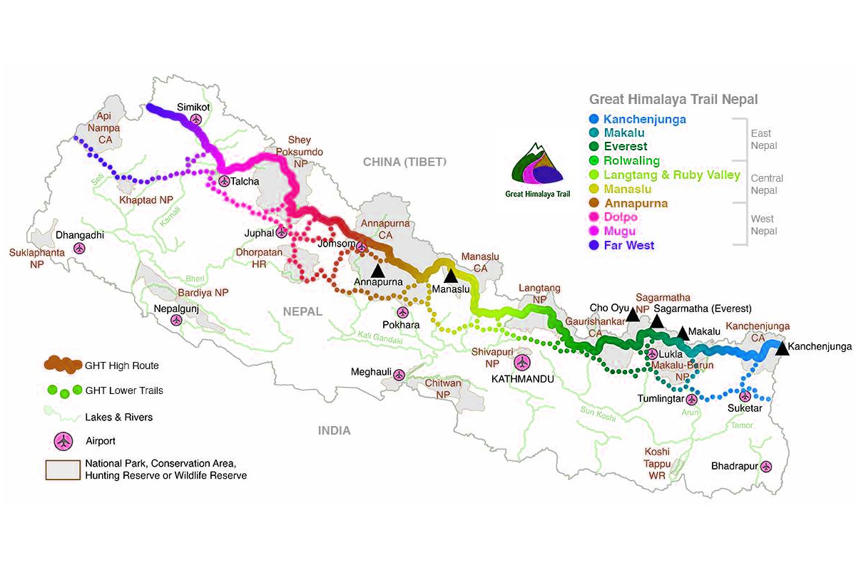 Great Himalayan Trail in Map of Nepal